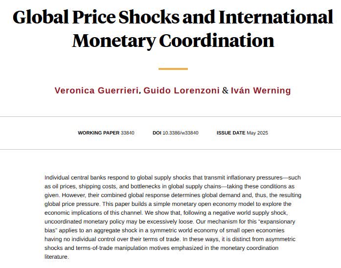 When supply shocks are global but monetary policy is national, central banks may overstimulate: uncoordinated policy may lead to global expansionary bias, from <a href="/VeronicaGuerri7/">Veronica Guerrieri</a>, <a href="/guido_lorenzoni/">Guido Lorenzoni</a>, and <a href="/IvanWerning/">Ivan Werning</a> nber.org/papers/w33840