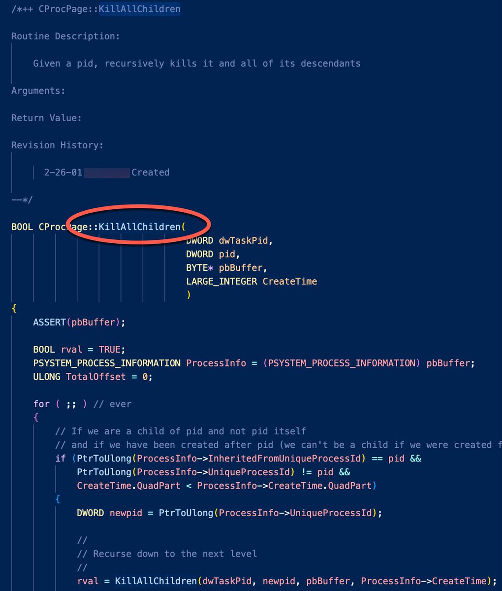 davepl1968's tweet image. The most unfortunately named function in Windows, I&apos;d say.  No bedtime stories...

And that&apos;s not even the scary part.  It uses recursion!

But it wasn&apos;t me, someone else is credited on this function, so my zero-recursion record still stands :-)