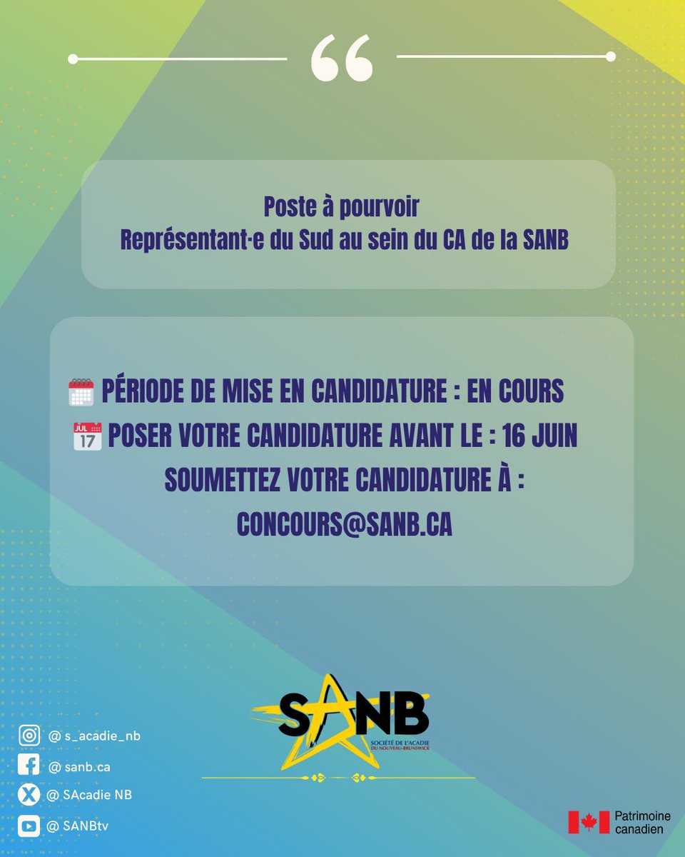 SANB (@sacadienb) on Twitter photo Un poste de représentant·e de la région Sud est à pourvoir au CA de la SANB.
📅 Posez votre candidature avant le 16 juin à concours@sanb.ca
📄 Bio, photo et lettre de motivation requises.
Détails 👉 sanb.ca/fr/la-sanb/reg… Un poste de représentant·e de la région Sud est à pourvoir au CA de la SANB.
📅 Posez votre candidature avant le 16 juin à concours@sanb.ca
📄 Bio, photo et lettre de motivation requises.
Détails 👉 sanb.ca/fr/la-sanb/reg…