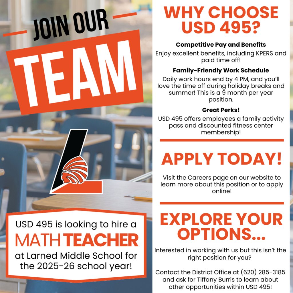 We’re Hiring! 📢 Larned Middle School is looking for a math teacher for the 2025-26 school year.

📌 Apply here: usd495.schoolspring.com/?jobid=5224425
🔍 Explore other openings: usd495.com/workat495
#larnedpride