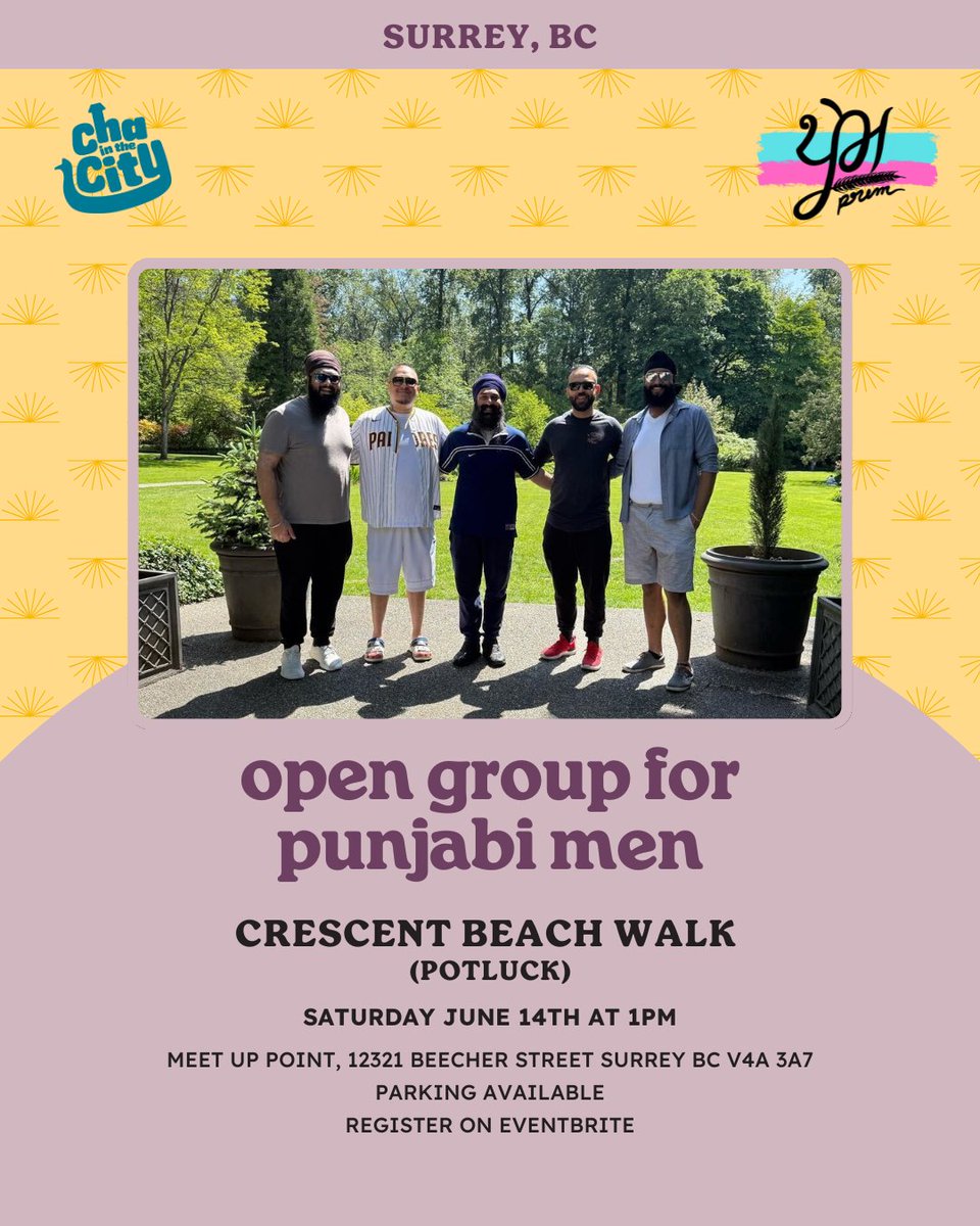 taraki are excited to be partnering with prem to support punjabi men in surrey, BC. 💛⁠
⁠
join us for a beach walk and potluck on saturday june 14th! ✨⁠
⁠
register on eventbrite through the link below!
tr.ee/XKwKmG
