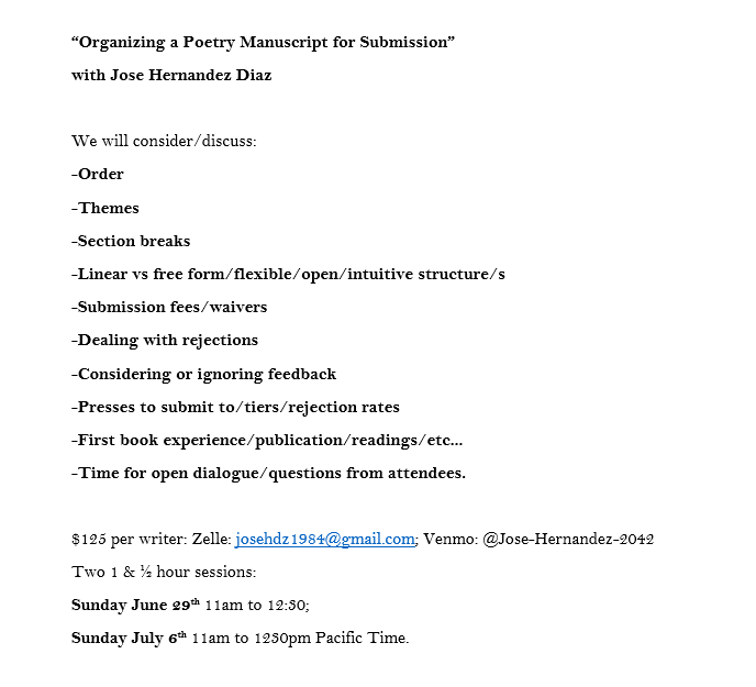 New workshop: "Organizing a Poetry Manuscript for Submission" with Jose Hernandez Diaz