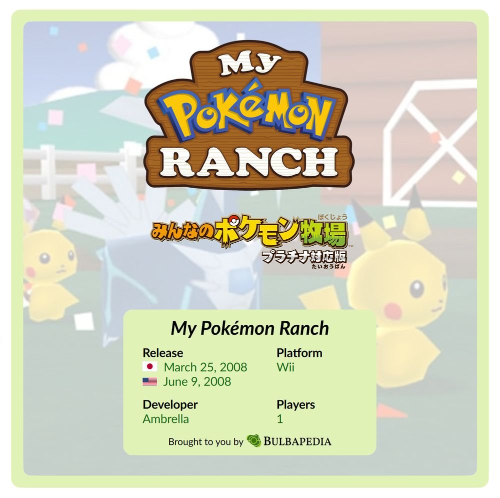 17 years ago today, My Pokémon Ranch was first released for the Nintendo Wii in North America!

This Pokémon storage system allowed the player to obtain Phione and Mew as special trades.