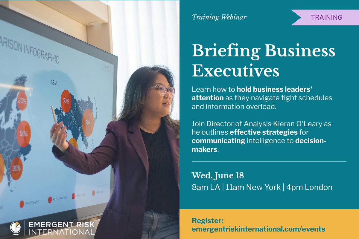 Join us June 18 for our monthly training webinar and learn how to hold business leaders' attention as they navigate tight schedules and information overload. Register today! emergentriskinternational.com/events/

#riskmanagement #intelligence #security #cybersecurity #crisismanagement
