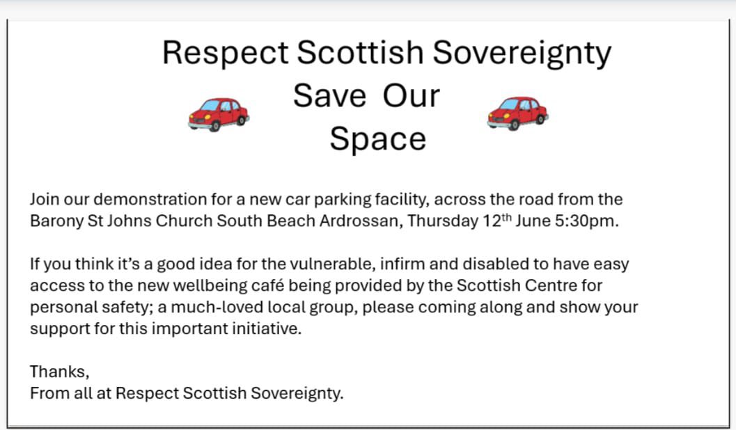 Please support Respect Scottish Sovereignty’s demonstration to save our promenade parking across from our Barony Cafe. After decades of parking there, the Council have now made it a No Parking area.
Join us this Thursday, 5.30pm to voice our opposition to this change.
All welcome