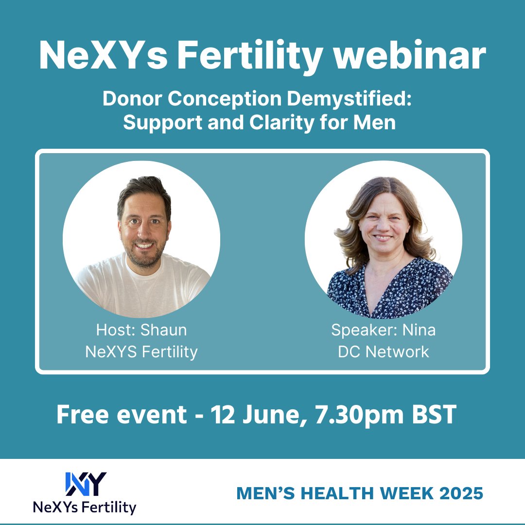 Curious about #DonorConception from a male perspective?
Join DCN Director Nina Barnsley &amp; Shaun Greenaway from @NexysFertility for a free webinar on 12 June — honest talk, expert insight &amp; support for men
🔗 members.nexysfertility.com/c/events-7b63f…
#MaleFertility #MensHealthWeek2025