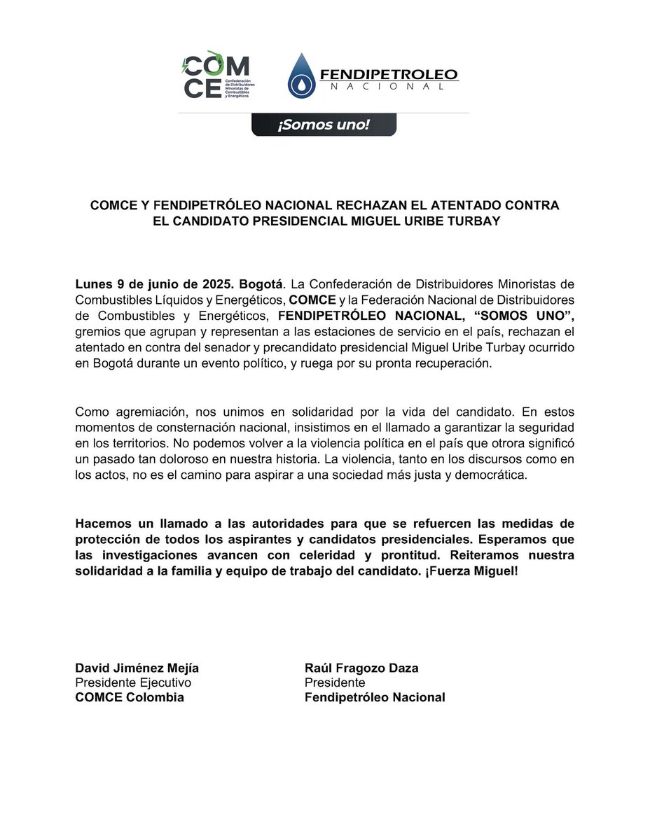 COMUNICADO: COMCE y Fendipetróleo Nacional rechazan el atentado contra el precandidato presidencial Miguel Uribe Turbay