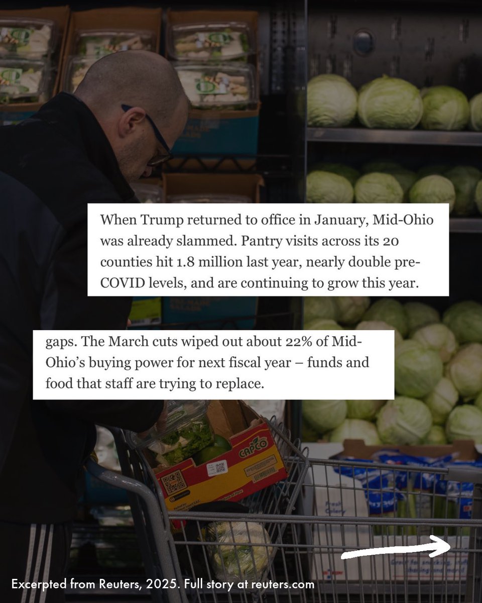 mofcollective's tweet photo. Reuters spent a week with Mid-Ohio Food Collective, documenting the rising need for food across Ohio — and the shrinking federal support meant to help.

They met families facing empty fridges. Volunteers who now rely on the same food they distribute. Staff working overtime to stretch every dollar, every pound of food.

“When there was nothing else to eat,” one mother shared, “I filled my kids’ bellies with tap water.” She’s bracing for more “water days.” 

🔗 Read their article at https://t.co/3XLDbZ5OIv.