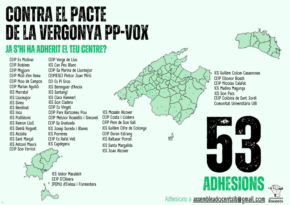 AssembleadocentsIB (@assembleadocent) on Twitter photo Cada vegada som més, els centres educatius de les Illes Balears s’estan sumant a la lectura del manifest contra el pacte de la vergonya PP-VOX de l'11 de juny
📢 El teu centre ja hi és?
Afegeix-t'hi a assembleadocentsib@gmail.com
assembleadocentsib.blogspot.com/2025/06/manife… Cada vegada som més, els centres educatius de les Illes Balears s’estan sumant a la lectura del manifest contra el pacte de la vergonya PP-VOX de l'11 de juny
📢 El teu centre ja hi és?
Afegeix-t'hi a assembleadocentsib@gmail.com
assembleadocentsib.blogspot.com/2025/06/manife…