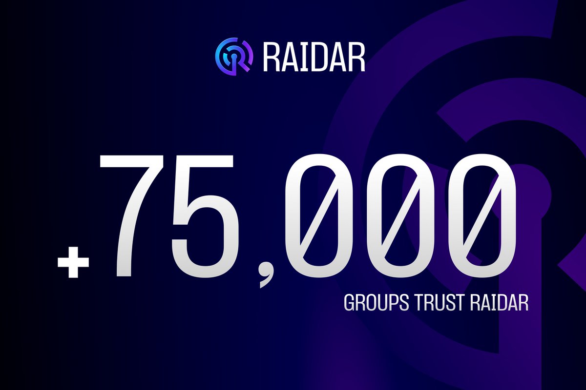 🎉 Another milestone achieved 

We now have over 75,000 groups using Raidar!  

Our bots are stronger and faster than ever, try them out for yourself!

Thank you for choosing Raidar for all of your community engagement needs  🙌

#ArkiTech #Raidar