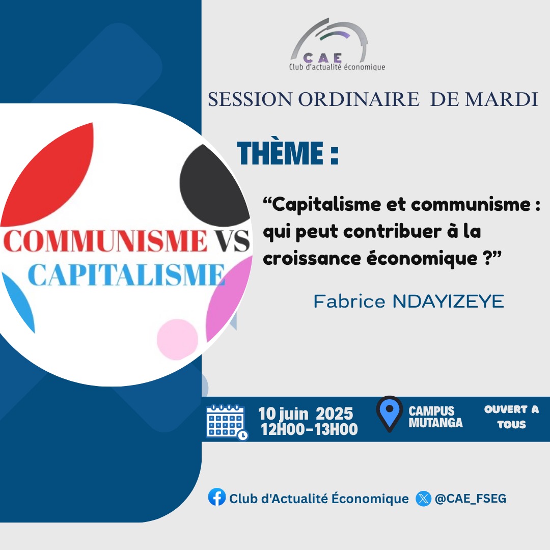 🌐Deux mondes, deux systèmes, deux philosophies : égalité ou liberté ? Le communisme et le capitalisme, quel modèle pour demain 🤔
📆 Au coeur du débat de ce mardi 
Ne ratez pas!

#CAE #SessionOrdinaire #Communisme #Capitalisme #Economie