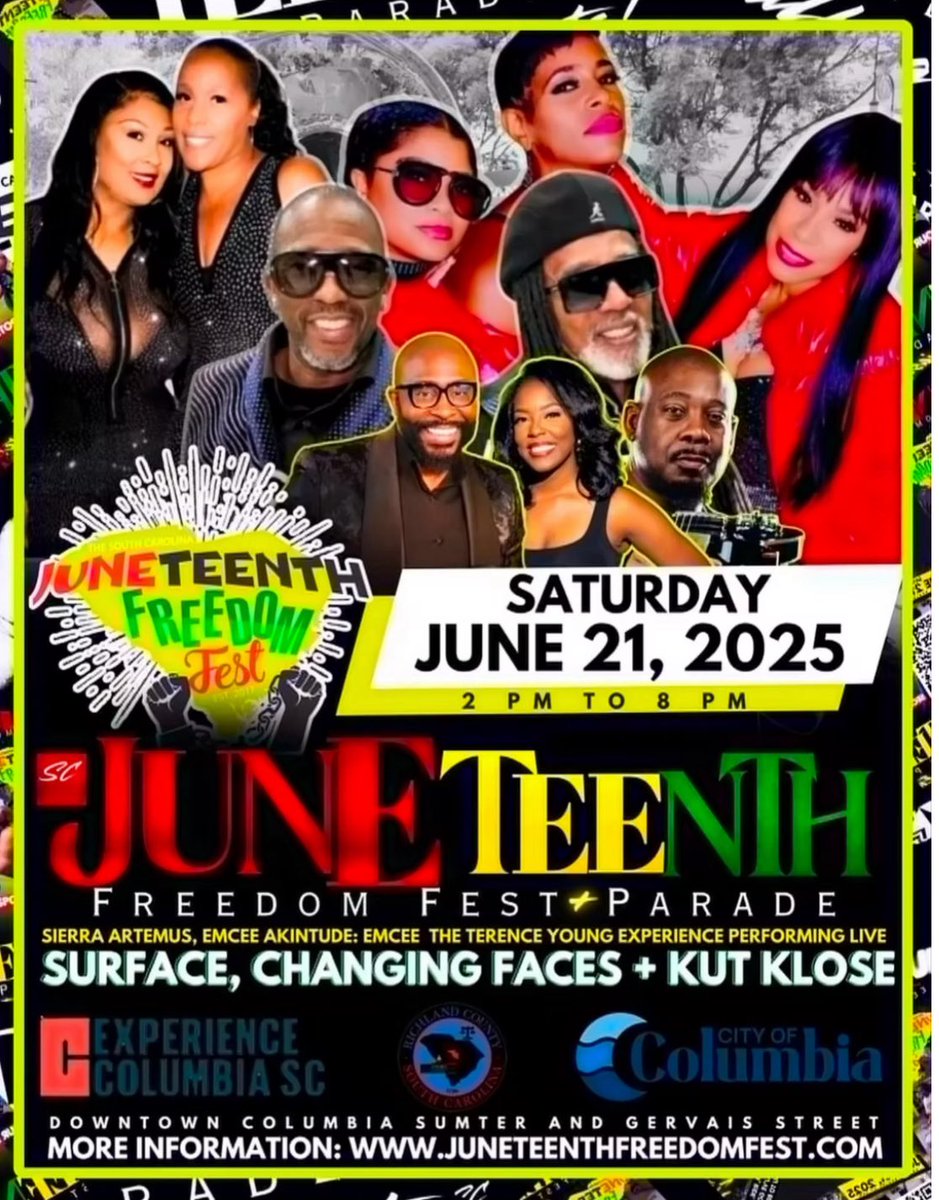 Sat 6/21 it's the 9th Annual Juneteenth Freedom Festival and Parade at Sumter and Gervais St. Live music by #Surface #KutKlose #ChangingFaces and more!! Hosted by Comedian Akintunde and media personality Sierra Artemus plus shopping, food vendors and more juneteenthfreedomfest.com