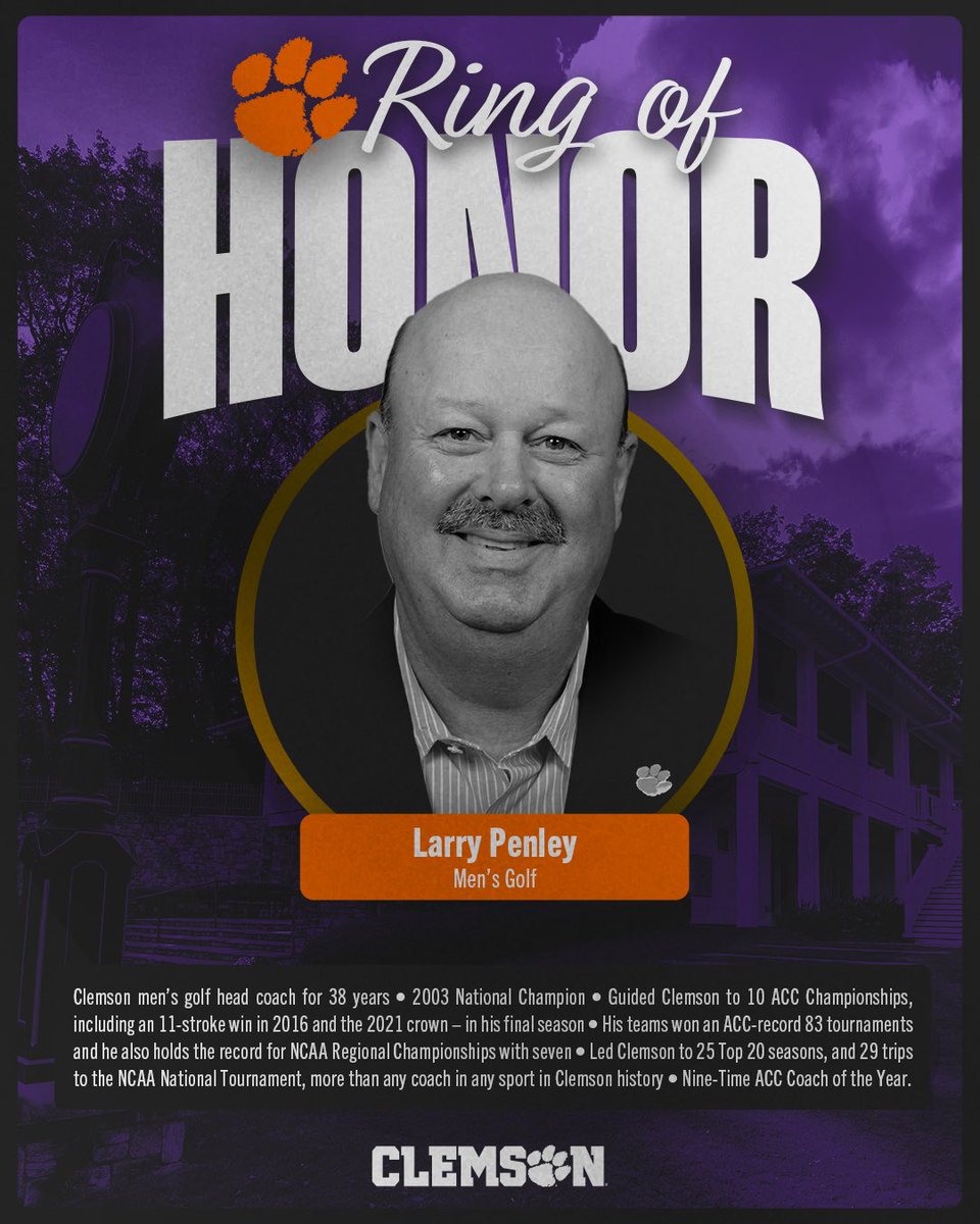 ClemsonMGolf's tweet image. Excellence and success, forever immortalized!
Congratulations to Larry Penley on being selected to the Clemson Ring of Honor.