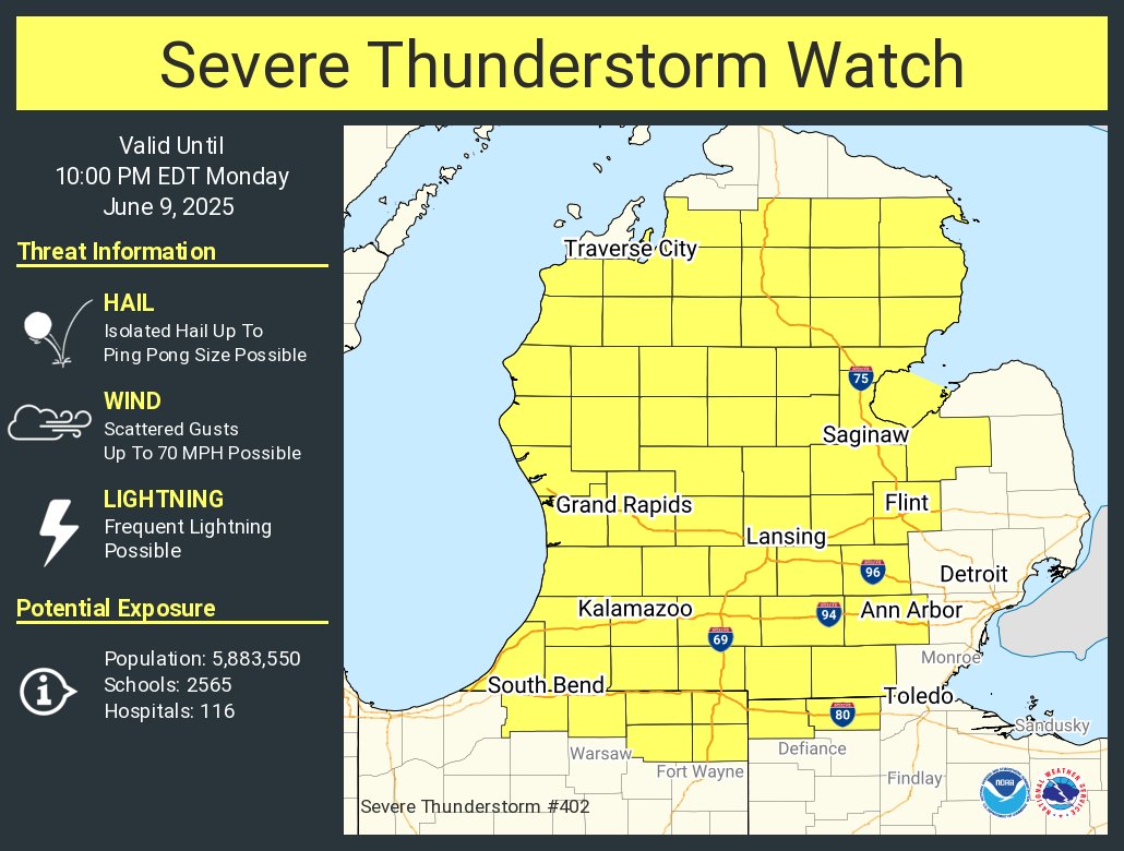 A severe thunderstorm watch has been issued for parts of Indiana, Michigan and Ohio until 10 PM EDT