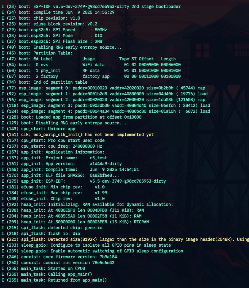 WestIndianGuy's tweet image. finally got a program to flash on the #esp32c5 eco2 using the idf 5.5.