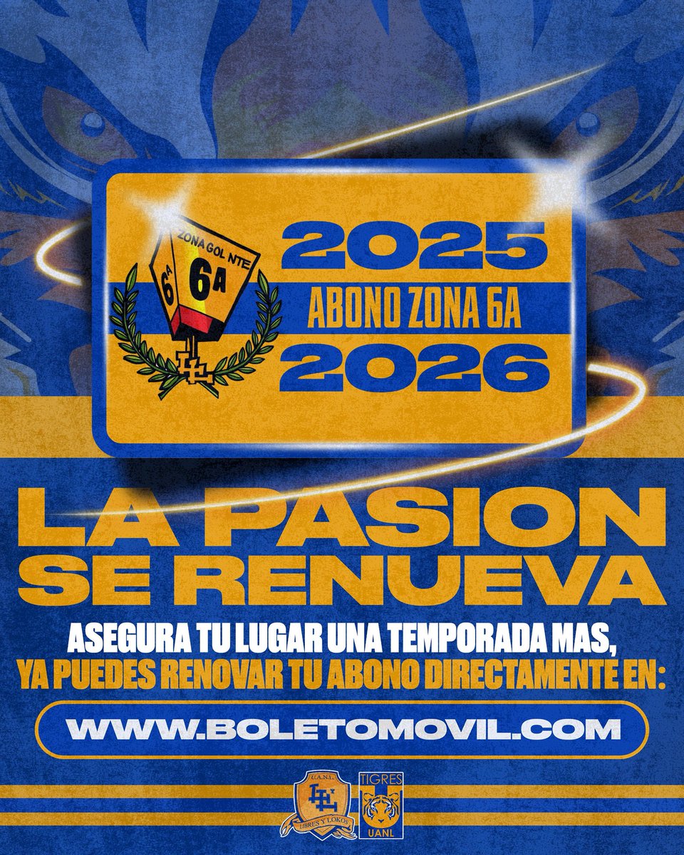 ¡Ya puedes renovar tu abono 6A! Asegura tu lugar en la zona más pasional de Mexico en esta temporada 2025-2026.🏟️🇸🇪

⬇️Renueva tu abono en este link:
boletomovil.com/club-tigres