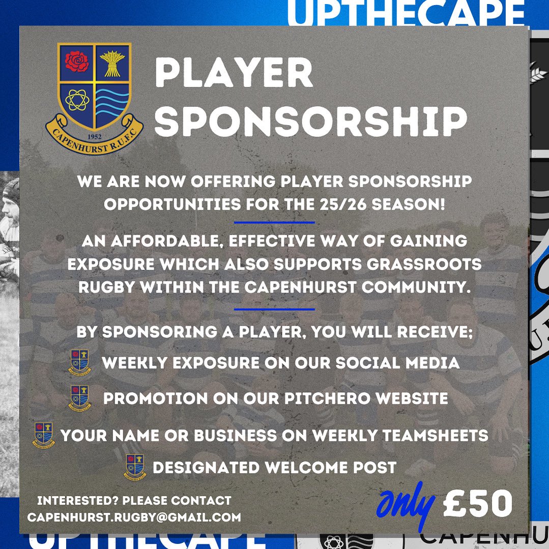 CapeRugby's tweet photo. 📣PLAYER SPONSORSHIP📣

#JoinTheCape ahead of an exciting season with 2 senior sides taking the field!

Interested? Please email capenhurst.rugby@gmail.com or give us a message on our socials!

#UpTheCape https://t.co/UVO5CxY5dB