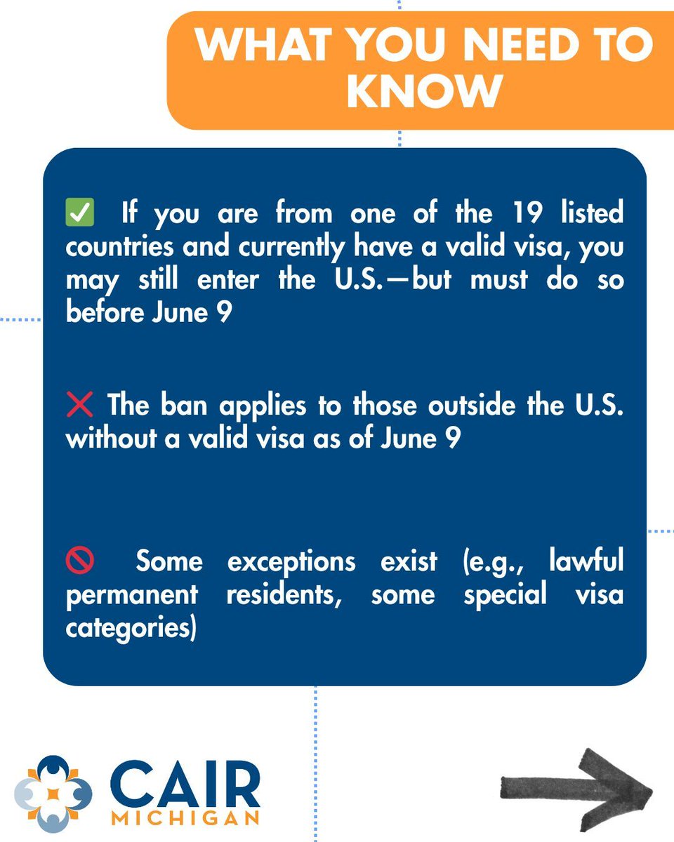 CAIRMI's tweet image. 🚨 COMMUNITY ALERT 🚨
Donald Trump has issued a new travel ban affecting nationals from 19 countries. It goes into effect June 9, 2025.

If you or your loved ones hold a valid visa, enter the U.S. BEFORE June 9 to avoid being barred.

#TravelBan #ImmigrationAlert #MuslimBan