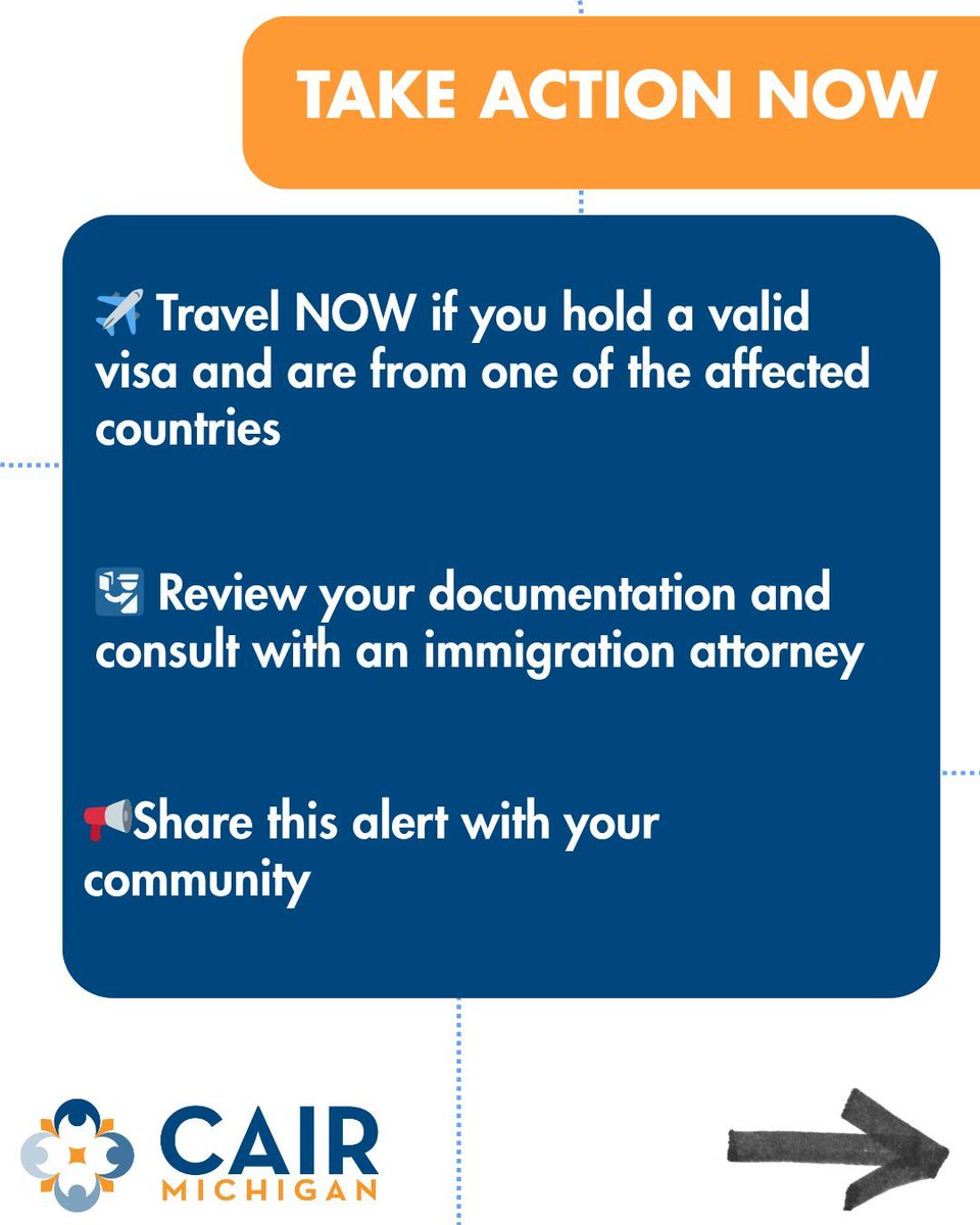 CAIRMI's tweet image. 🚨 COMMUNITY ALERT 🚨
Donald Trump has issued a new travel ban affecting nationals from 19 countries. It goes into effect June 9, 2025.

If you or your loved ones hold a valid visa, enter the U.S. BEFORE June 9 to avoid being barred.

#TravelBan #ImmigrationAlert #MuslimBan