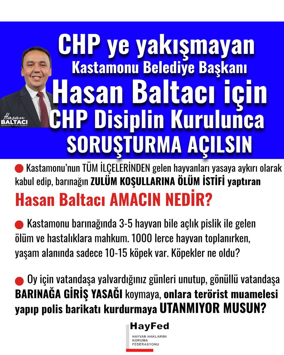 CHP ye yakışmayan Kastamonu Belediye Başkanı
Hasan Baltacı için CHP Disiplin Kurulunca SORUŞTURMA AÇILSIN.
📍Kastamonu’nun TÜM İLÇELERİNDEN gelen hayvanları yasaya aykırı olarak kabul edip, barınağın ZULÜM KOŞULLARINA ÖLÜM İSTİFİ yaptıran
Hasan Baltacı AMACIN NEDİR?

📍Kastamonu