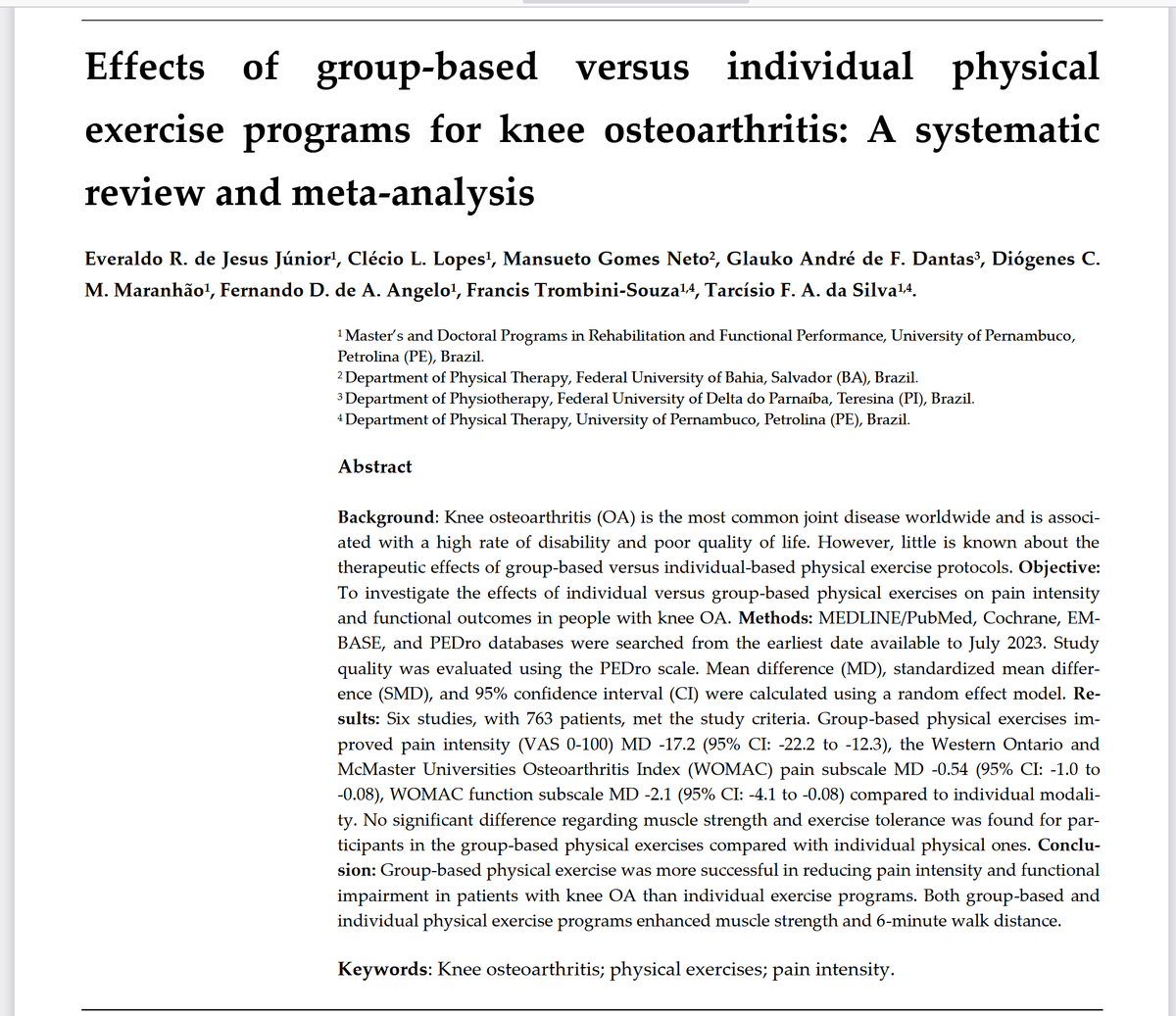 PhysioMeScience's tweet photo. Effects of group-based versus individual physical
exercise programs for knee osteoarthritis: A systematic
review and meta-analysis

https://t.co/XaLUXObpBT https://t.co/RImplrTP5h