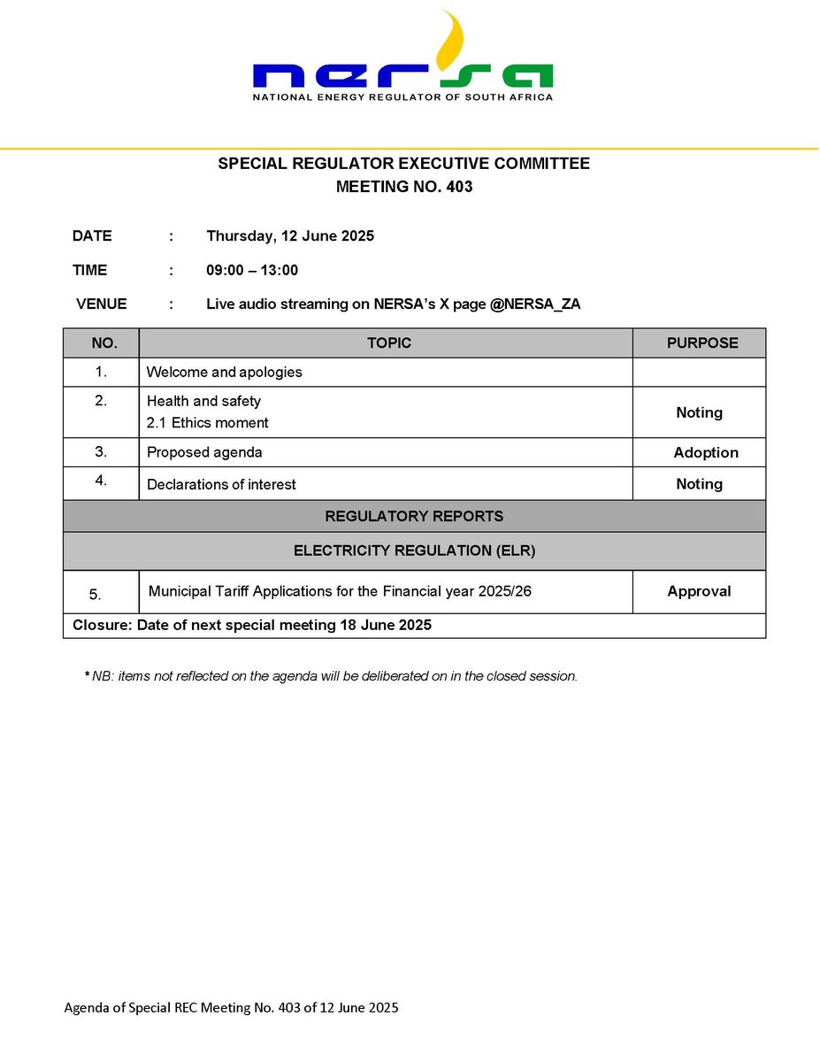 Notice - Special Regulator Executive Committee No 403 of 12 June 2025. Attached is the agenda for more information.