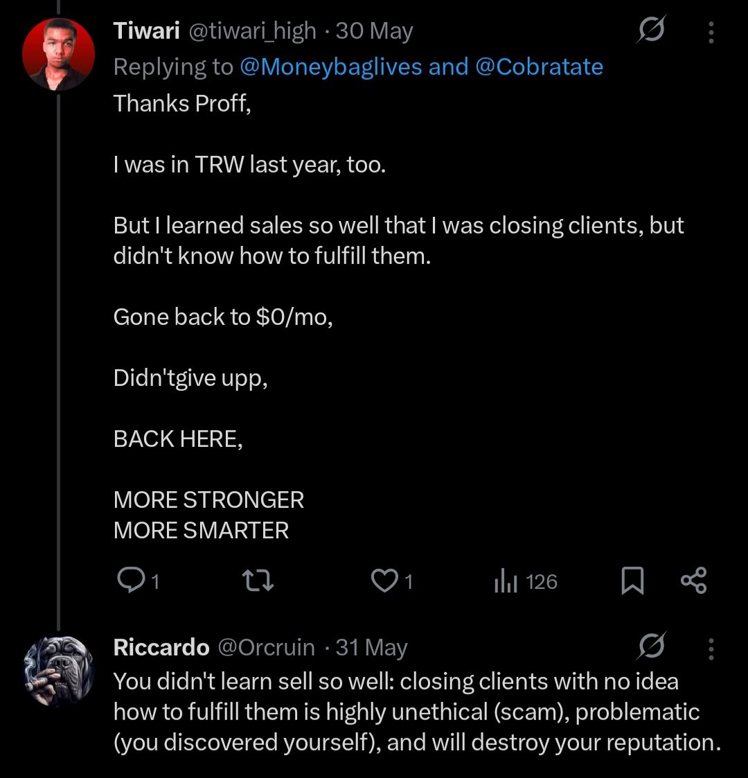 Have a look at this thread by <a href="/Dplanet/">HUMAN WA$TE</a> (great work).

Below is a random confirmation from (probably) a young boy talking about closing contracts with customers without having any idea how to fulfill them.

Unethical and unprofessional behavior at best.

x.com/tiwari_high/st…