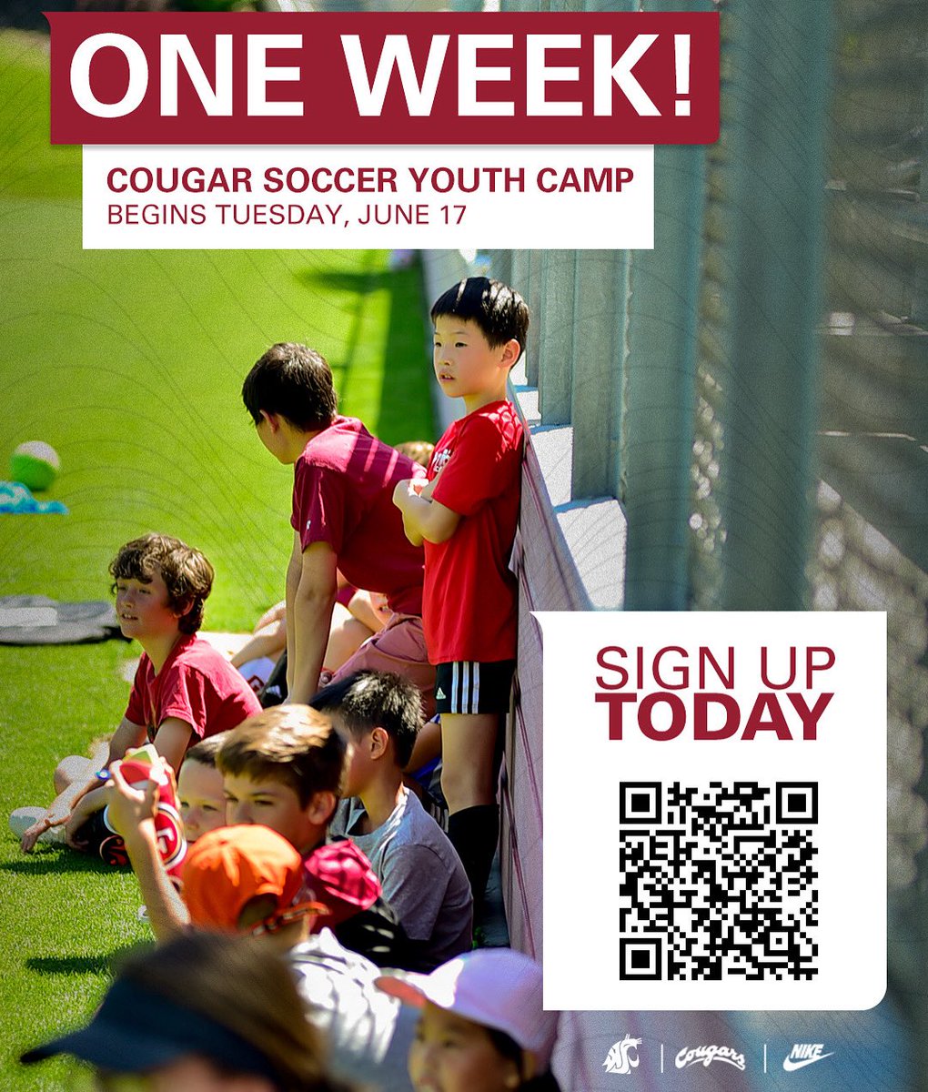 We are one week away from the first Cougar Summer Soccer Camp! ☀️ 

Looking for something to do next week? Join us at Lower Soccer Field. 

Register: wsuwomenssoccercamos.totalcamps.com

#GoCougs