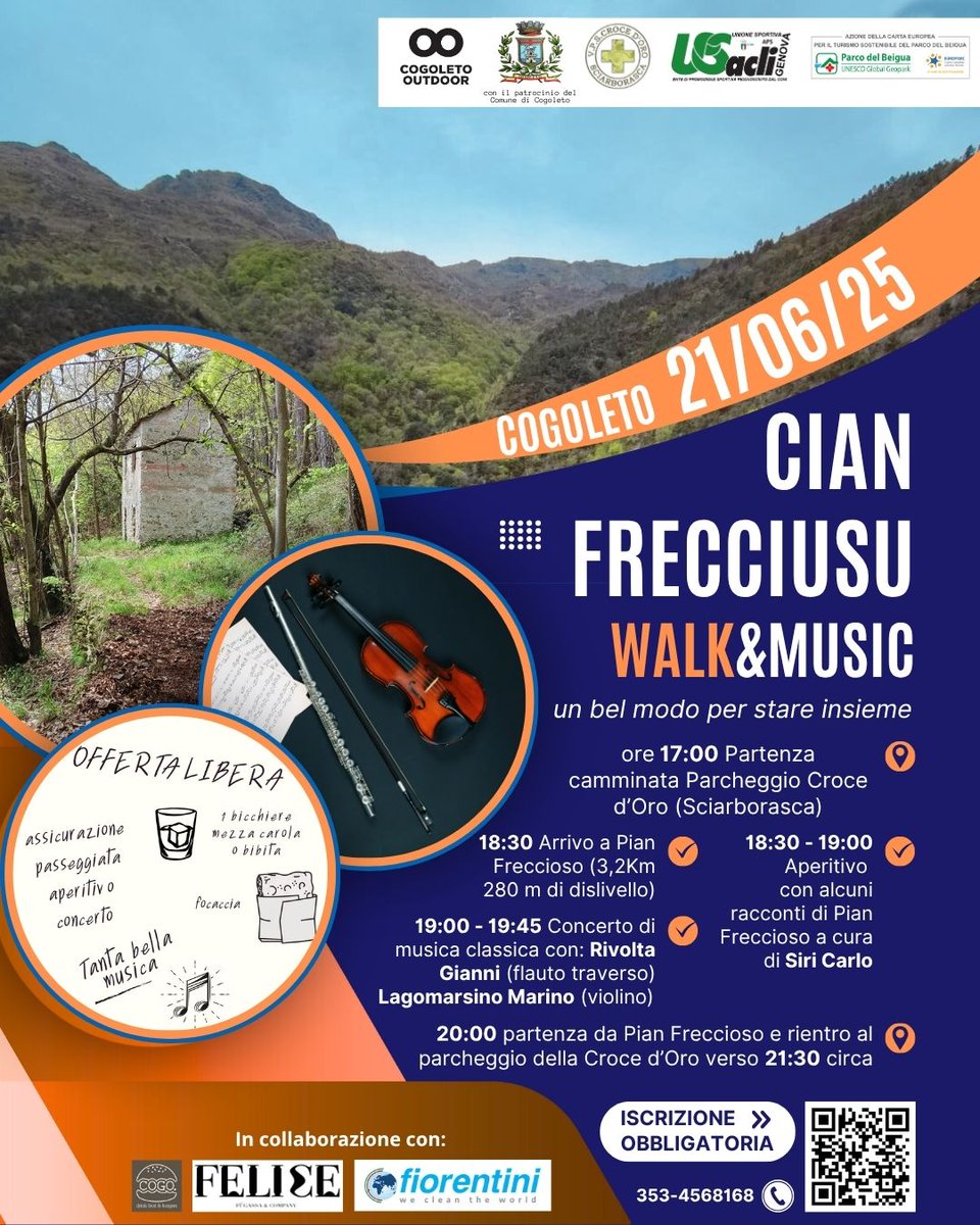 👣🎻CIAN FRECCIUSU WALK &amp; MUSIC🎻👣
🎶🎵SCIARBORASCA SABATO 21 GIUGNO🎵🎶
Link registrazione gratuita:
forms.gle/6sqHnqjE7EbUhx…
CogoletOOutdoor è lieta di annunciarVi il primo grande evento “Outdoor&amp;Music” nel meraviglioso bosco di Pian Freccioso (Sciarborasca GENOVA)