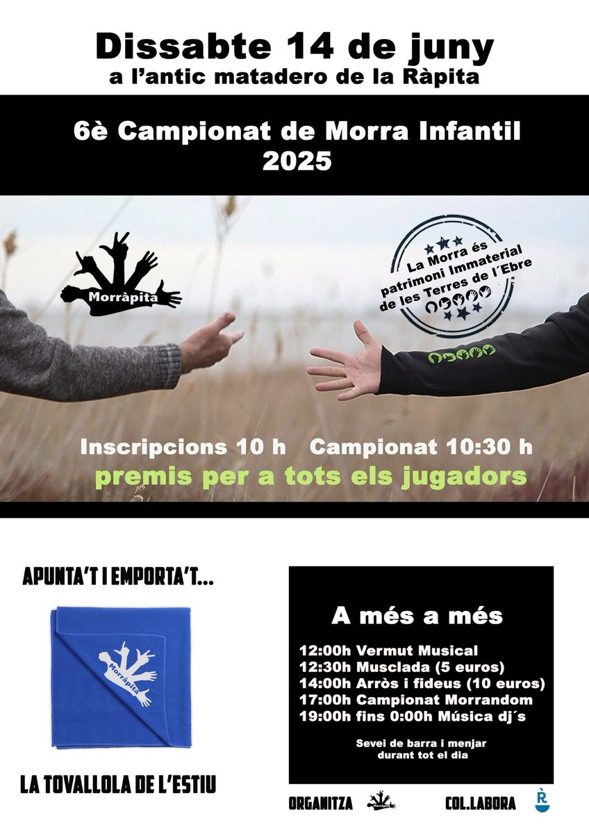 🎉 6è Campionat de Morra Infantil 🎉
📅 Dissabte, 14 juny 
📍 Lo Matadero
🧒🏻👧🏽 De 9 a 14 anys 
⚓ La morra és viva i reneix en cada jove que la fa seva!

🎶I aprofitant l’excusa... FESTA TOT EL DIA!🎶

#morra #murra #joctradicional #LaRàpita #origens #terresdelebre #deltadelebre