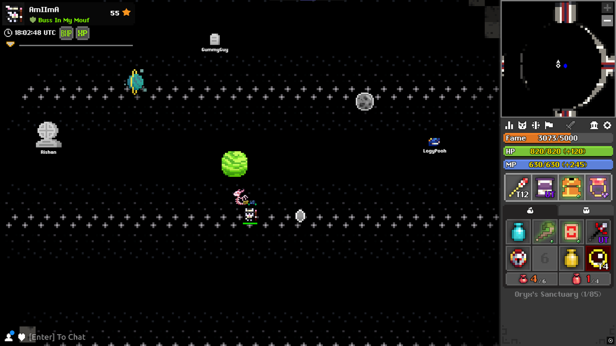 First o3 clear!

Loot was meh, but first clear is a huge achievement in trying to learn endgame dungeons^^

Next up is the dreaded Shatters!

Note: Loot was -> 1x Greater Life Potion, 1x Greater Mana Potion, and 1x Oryx 3 Mark