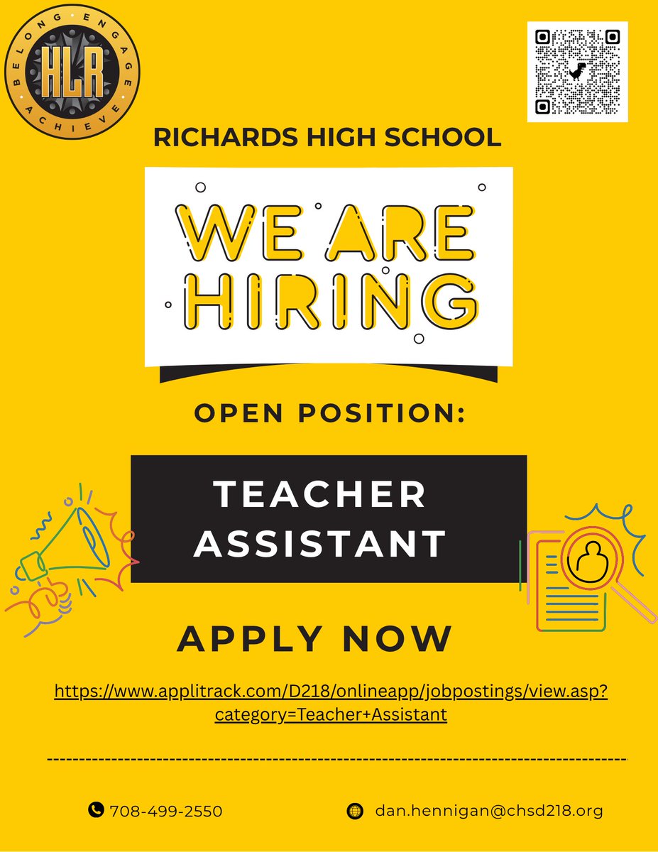 Richards High School (@bulldogshlr) on Twitter photo We're hiring Teacher Assistants!
Contact us at dan.hennigan@chsd218.org or apply at applitrack.com/D218/onlineapp… for more details. We're hiring Teacher Assistants!
Contact us at dan.hennigan@chsd218.org or apply at applitrack.com/D218/onlineapp… for more details.