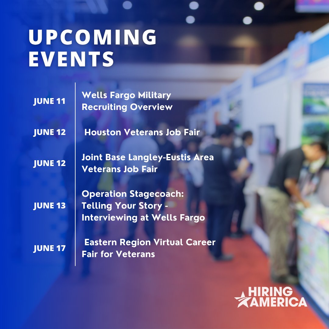 Veterans, Military, and Military Spouses: Check out these upcoming events.

Visit our events page to learn more: hiringamerica.com/events-calenda…

#Events #Jobfairs #Military #Veterans #MilitarySpouses #RecruitMilitary #DAV #WellsFargo