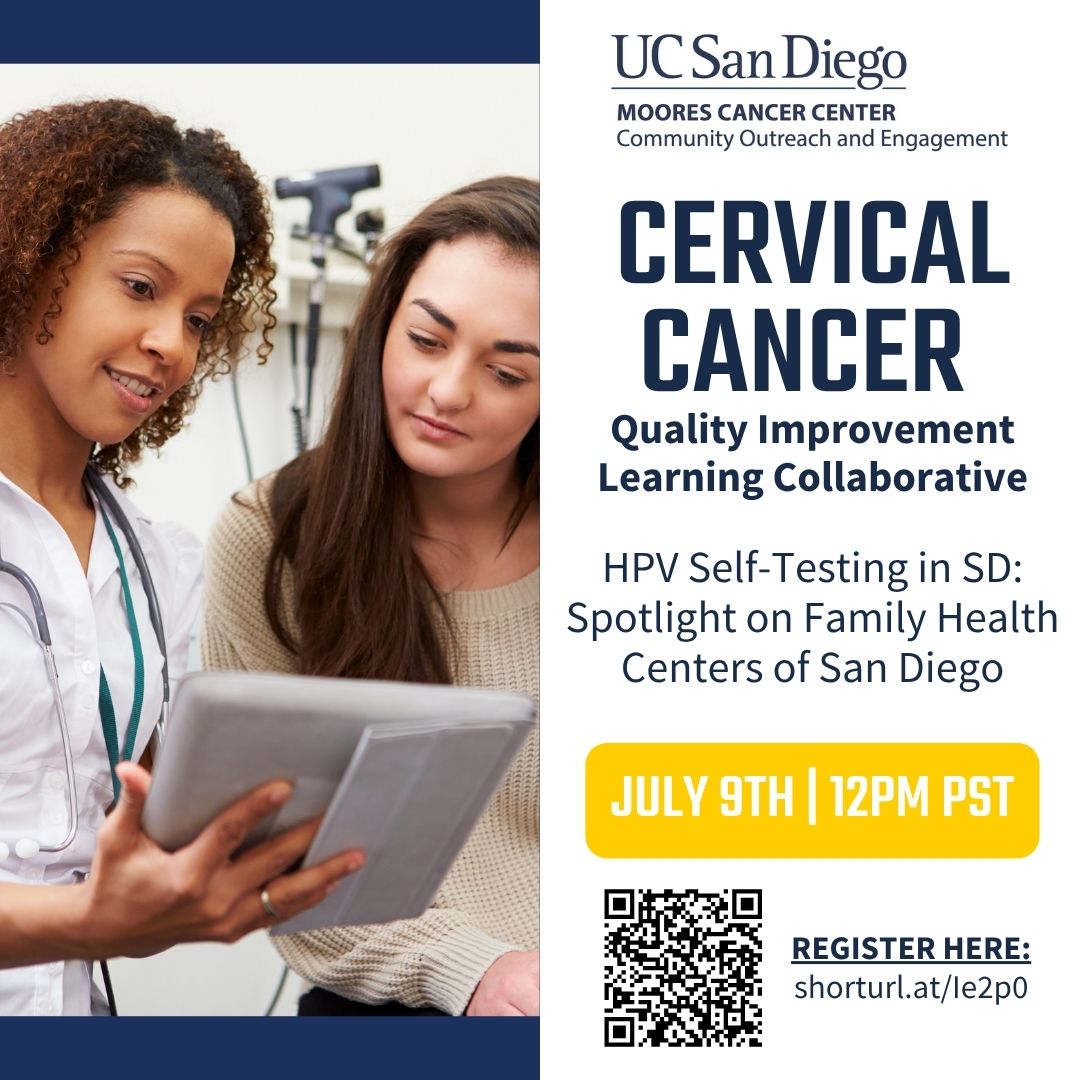 UCSD Health Moores Cancer Center COE (@ucsdcancer_coe) on Twitter photo Don’t miss the kickoff of our 2025 Cervical Cancer QI Learning Collaborative on July 9! We’ll spotlight HPV self-testing & how it’s expanding access at <a href="/FamilyHealthSD/">Family Health Centers of San Diego</a>. Register here: shorturl.at/Ie2p0
#GetScreened #CervicalCancerAwareness Don’t miss the kickoff of our 2025 Cervical Cancer QI Learning Collaborative on July 9! We’ll spotlight HPV self-testing & how it’s expanding access at <a href="/FamilyHealthSD/">Family Health Centers of San Diego</a>. Register here: shorturl.at/Ie2p0
#GetScreened #CervicalCancerAwareness