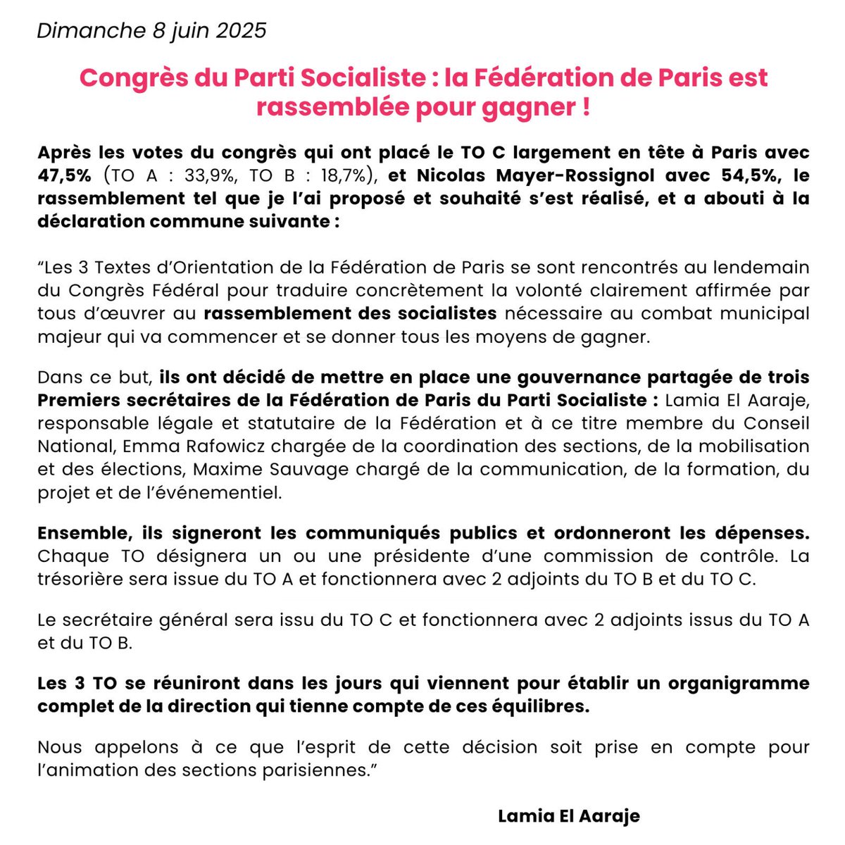 Se rassembler pour préparer efficacement les municipales. Je salue l’esprit de responsabilité qui a conduit à  cette direction collégiale du PS parisien et suis déterminé à le transformer en dynamique collective.
Félicitations à Lamia El Aaraje, Emma Rafowicz et Maxime Sauvage !
