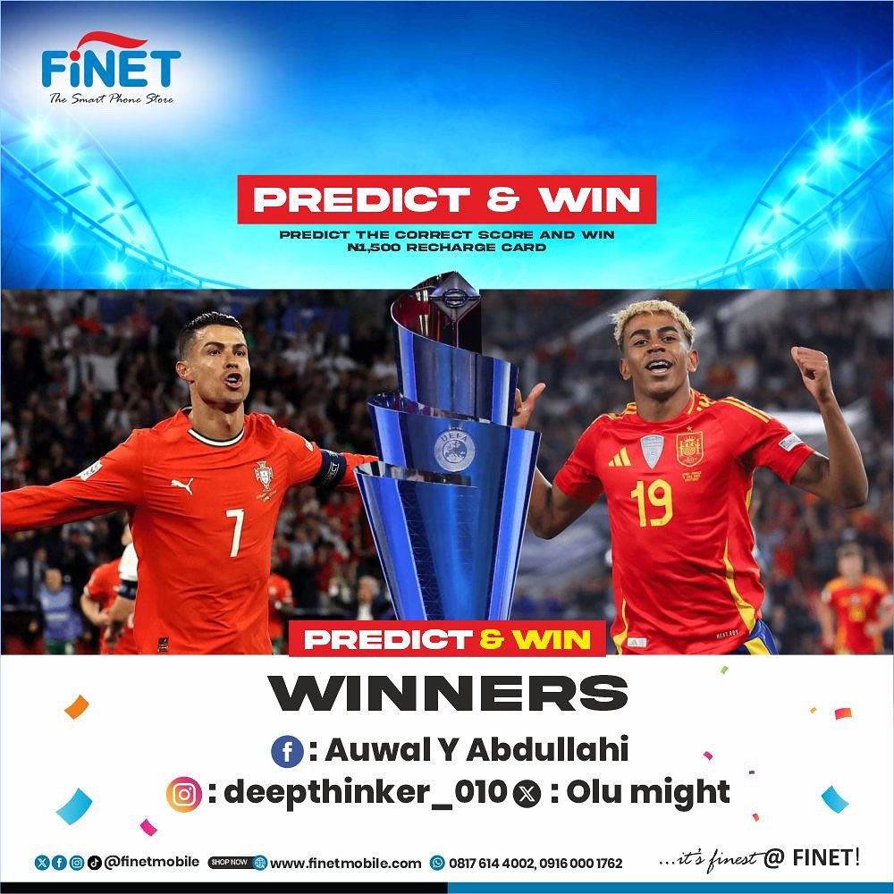 FinetMobile's tweet photo. π Big shoutout to our winners:
FB: Auwal Y Abdullahi
IG: @deepthinker_010
X: Olu Might
You just won β¦1,500 airtime! π₯
π© DM us to claim it.
More giveaways loading⦠stay tuned!
#FinetPredictAndWin #FinetMobile #ItsFinestAtFinet https://t.co/CpEWTdiZCM
