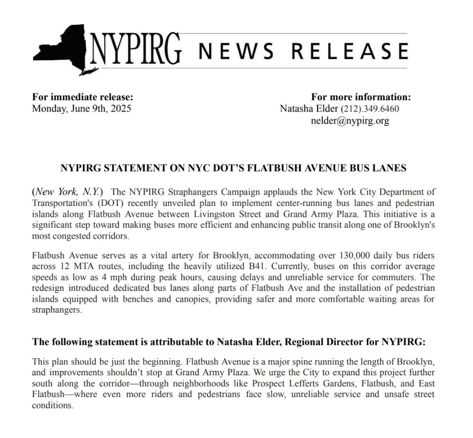 🚍 Big win for Flatbush Ave riders: NYC is adding center-running bus lanes + pedestrian islands between Livingston St &amp; Grand Army Plaza. But the job's not done — @Strapha wants the plan expanded further south where service is still too slow. #BetterBuses