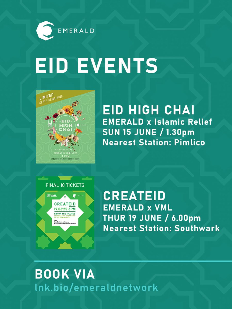 Continue #eid celebrations in the next 10 days! Thank you to all who've booked one/both of our post-eid collaborative* events coming up - BE QUICK TO CLICK, secure your places via lnk.bio/emeraldnetwork - early bird offer ending soon [ *Thanks to <a href="/IslamicReliefUK/">Islamic Relief UK</a> + VML ]