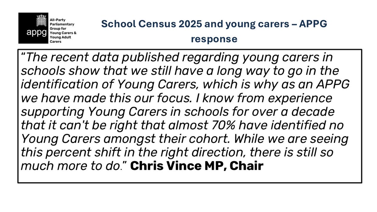 APPG for Young Carers and Young Adult Carers (@appgycandyac) on Twitter photo APPG chair <a href="/ChrisVinceMP/">Chris Vince MP</a> responds to the latest <a href="/educationgovuk/">Department for Education</a> School Census data published last week, which found that 69% of schools still recorded zero young carers on their census return. APPG chair <a href="/ChrisVinceMP/">Chris Vince MP</a> responds to the latest <a href="/educationgovuk/">Department for Education</a> School Census data published last week, which found that 69% of schools still recorded zero young carers on their census return.