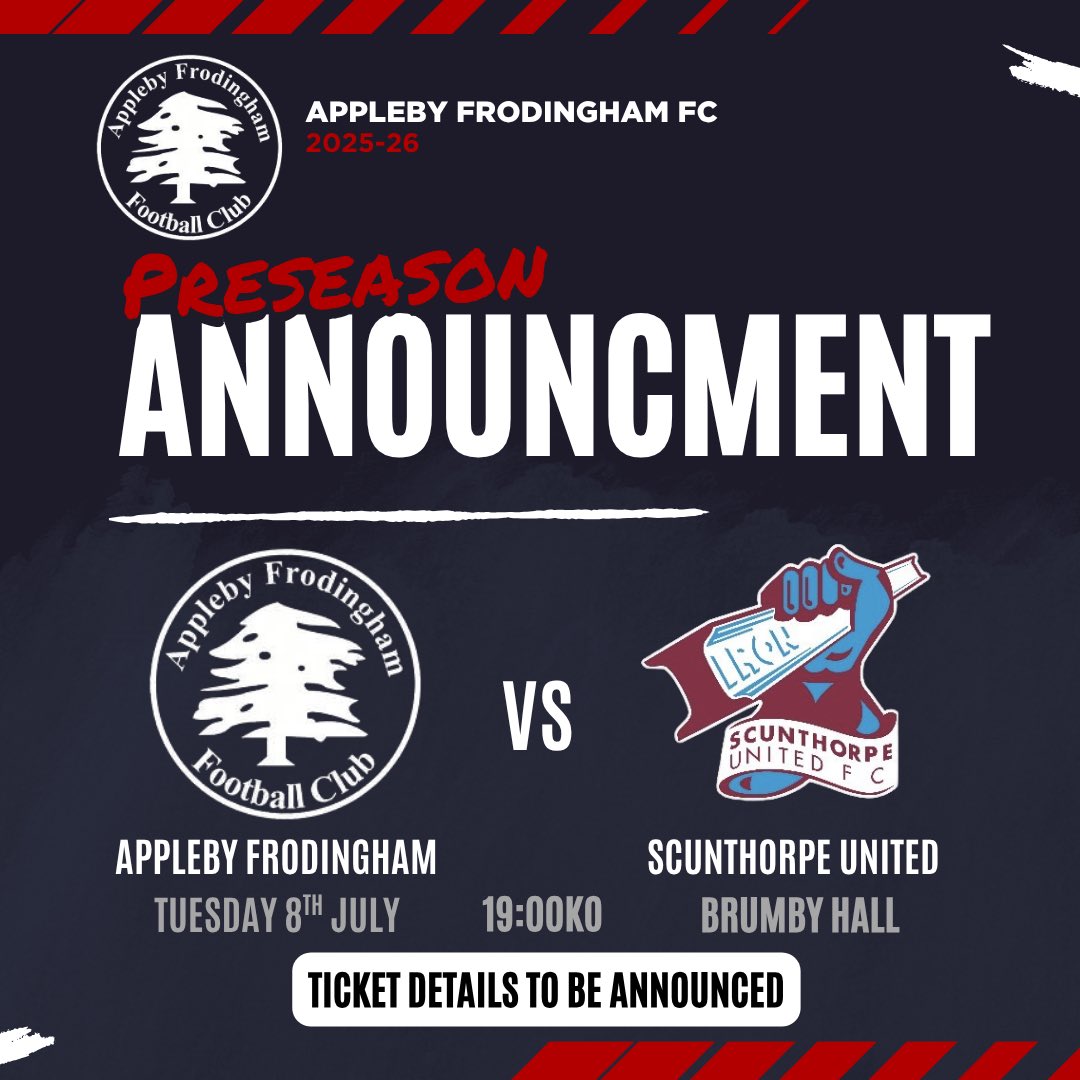 AppFrodFc's tweet photo. We are delighted to be able to announce that we are hosting Scunthorpe United at Brumby Hall on Tuesday 8th July.

Ticket details will be announced soon! 

UTS 🔴⚫️ https://t.co/vJuicf9wCt