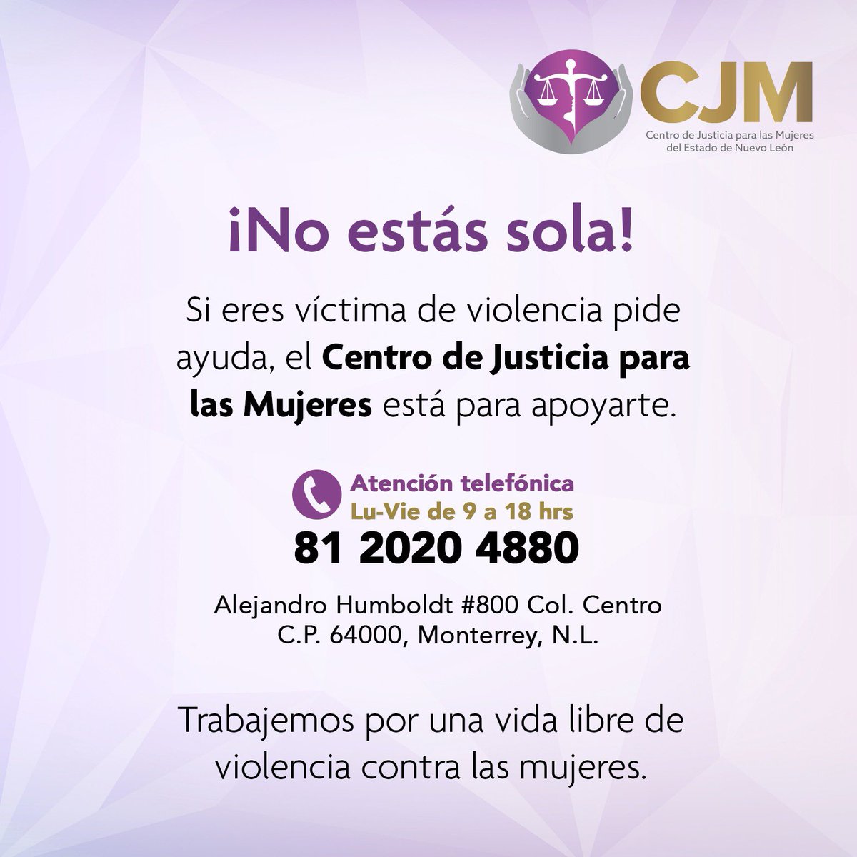 CJM_NL's tweet photo. ✨Recuerda que el Centro de Justicia para las Mujeres, es tu lugar seguro ✨ https://t.co/MShgjxRMka