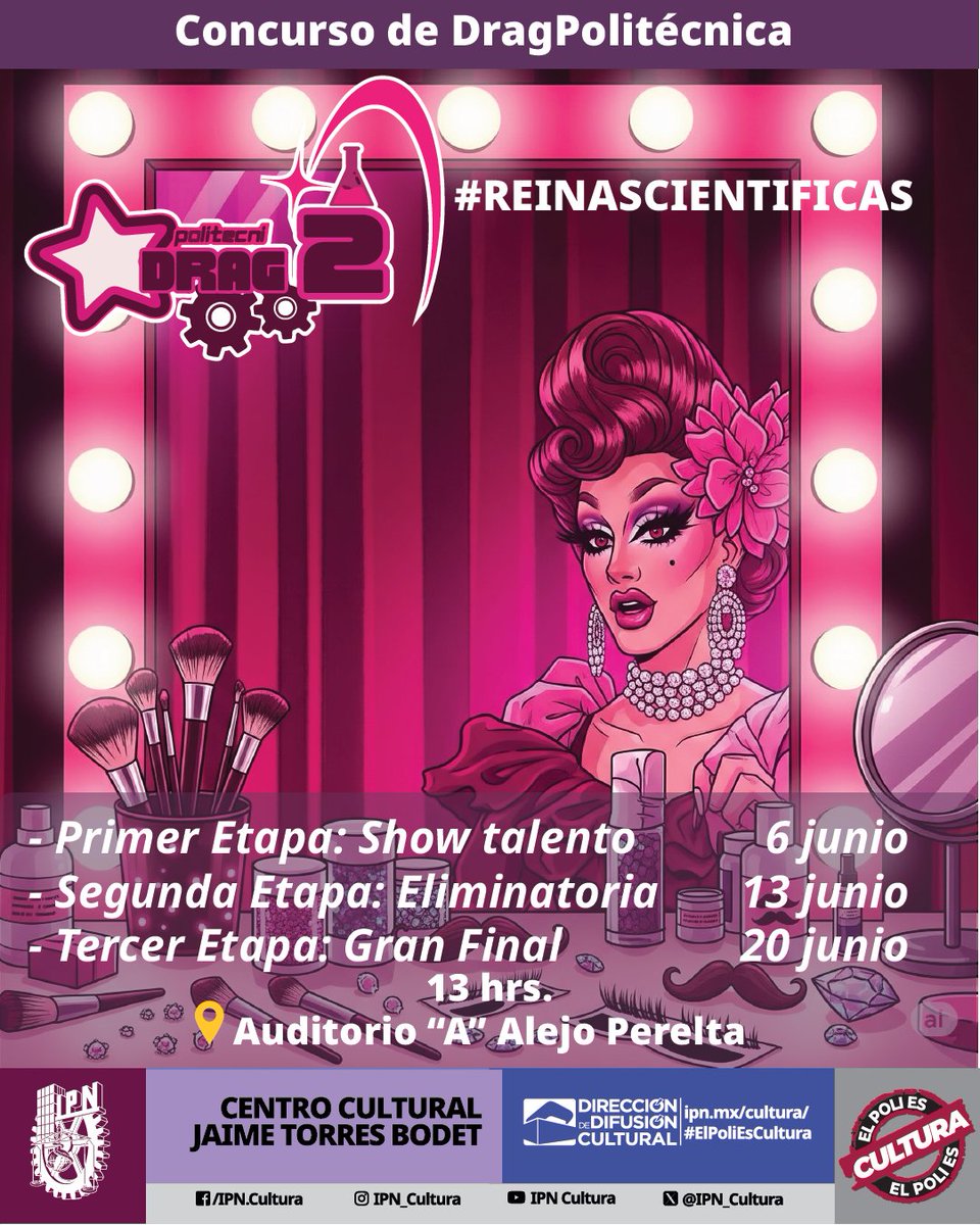 #MásCulturaIPN Junio 2025. "POLITÉCNIDRAG 2". Concurso de Drag. ipn.mx/cultura/

📅 Viernes 13 y 20 de junio. ⏰ 13:00 horas.📍Aud. "Ing. Alejo Peralta", #CCJTB. 🎟️ #EntradaLibre.

#ElPoliEsCultura.