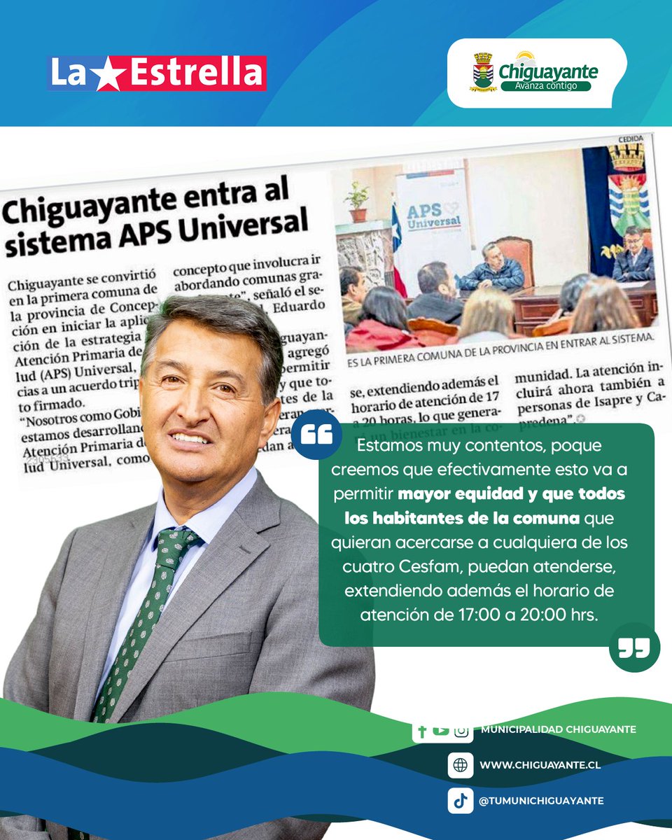 En prensa:
Chiguayante, primera comuna de la Provincia de Concepción y la segunda a nivel regional en sumarse a estrategia de Atención Primaria en Salud Universal. En palabras del alcalde Jorge Lozano Zapata: Parte 2.