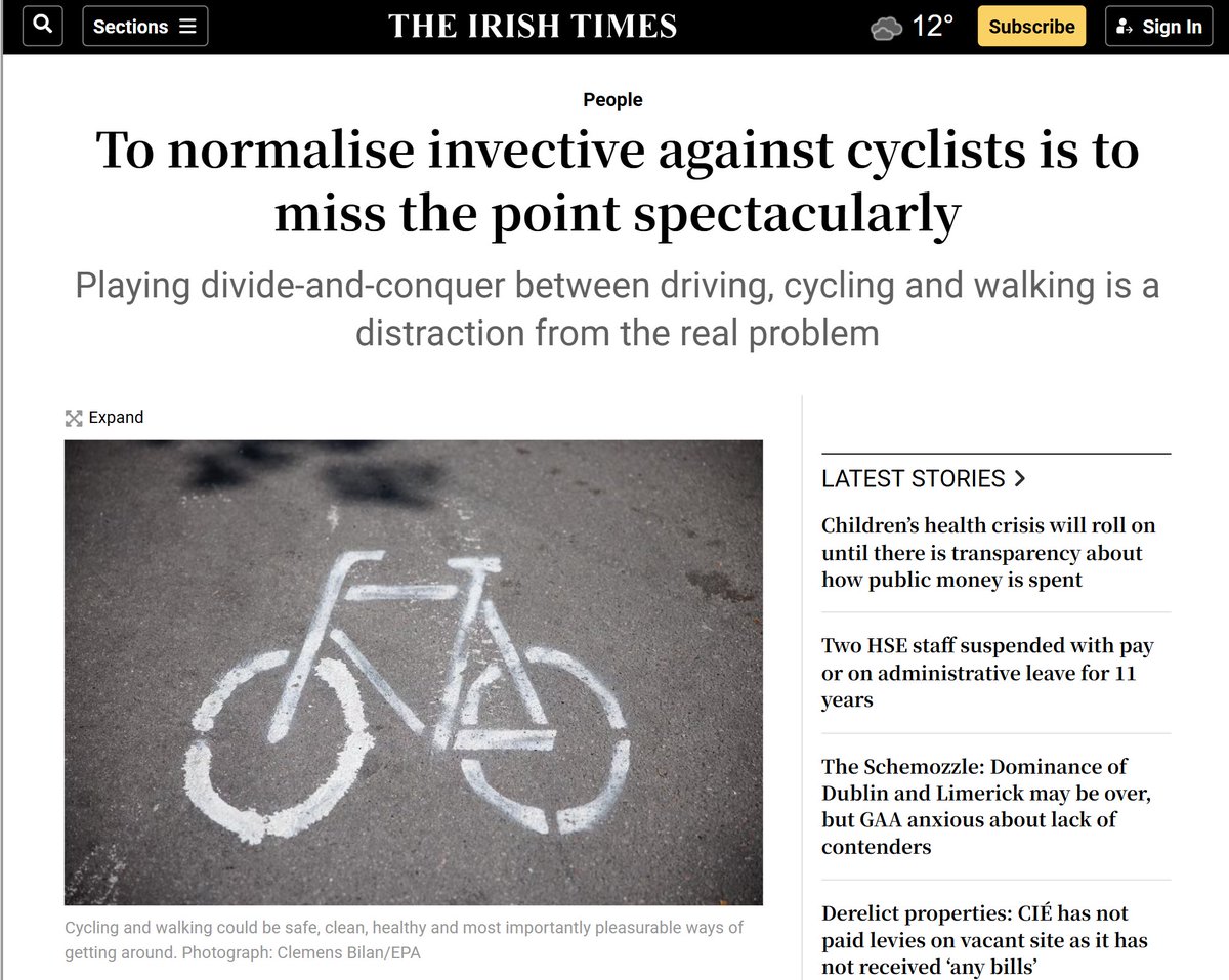 "To normalise invective against cyclists is to miss the point spectacularly. Playing divide-and-conquer between driving, cycling and walking is a distraction from the real problem."

A perspective from Ireland.

archive.is/2UNP8