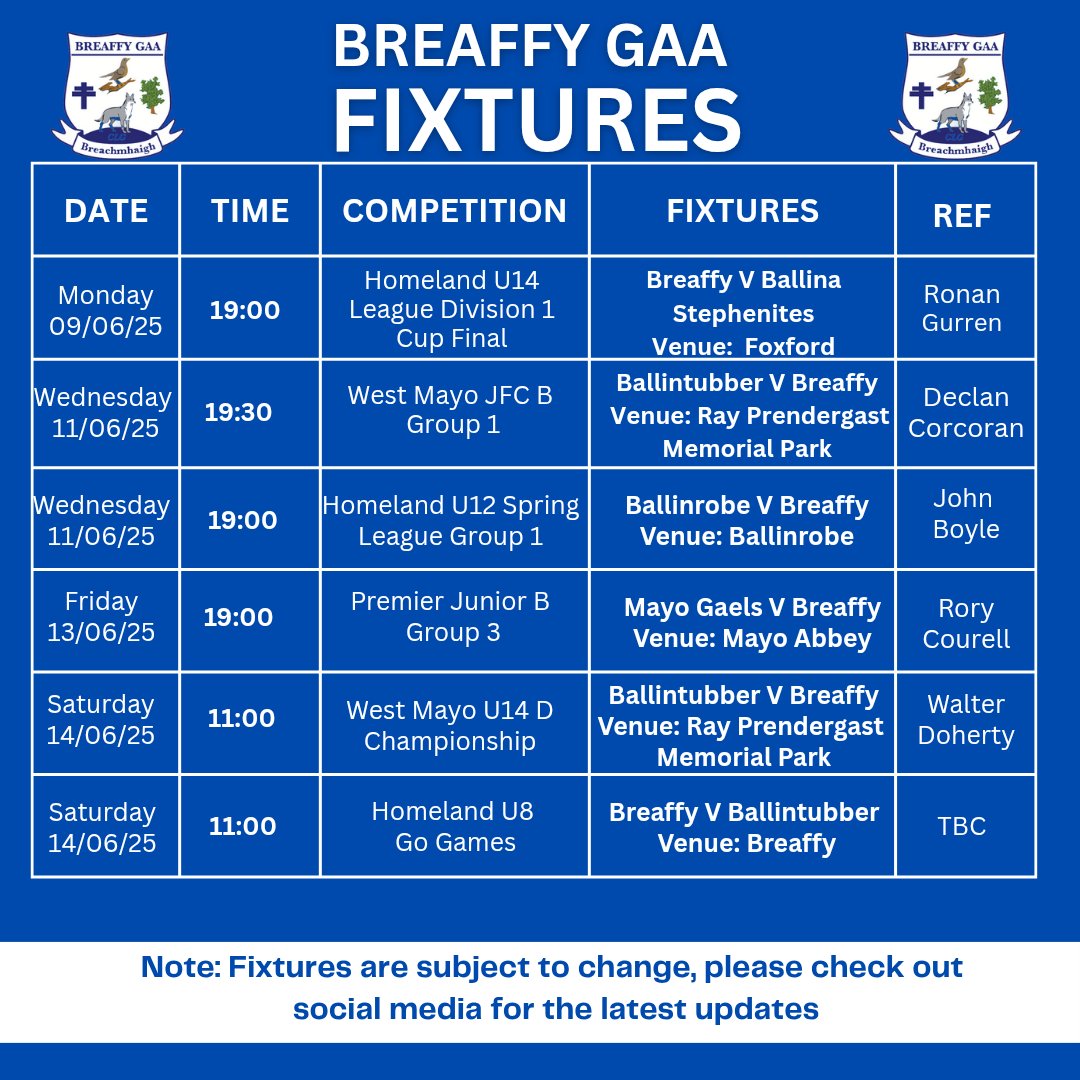Breaffy GAA (@breaffygaa) on Twitter photo 🔵⚪ Fixtures for the week 🔵⚪ 🔵⚪ Fixtures for the week 🔵⚪