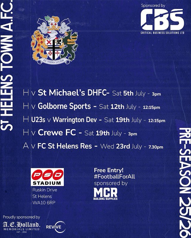 sthelenstownfc's tweet image. 📣*JULY PRE-SEASON FRIENDLIES*
Home v St Michaels DHFC - Sat 5th July - 3pm
Home v Golborne - Sat 12th July - 12:15pm
Home U23s v Warrington Dev - Sat 19th July - 12:15pm
Home v Crewe FC - Sat 19th July - 3pm
Away v FC St Helens Res - Wed 23rd July - 7.30pm
#TownTeam 🔵⚪️