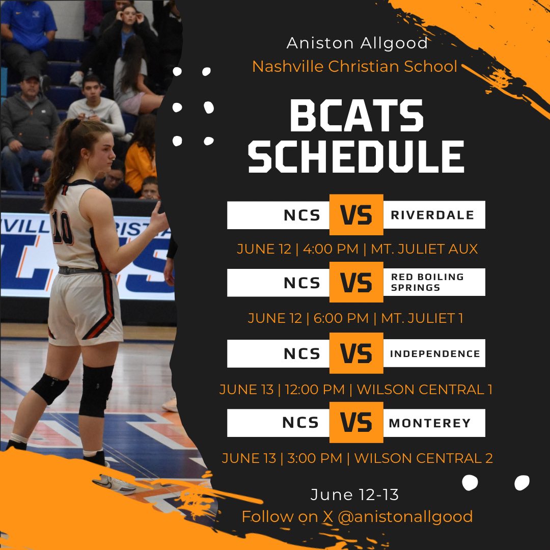 Nashville Christian June 12-13 BCAT summer games schedule 
<a href="/CoachJacobOgle/">Jacob Ogle</a> 
<a href="/LipscombWBB/">Lipscomb Women's Basketball</a> 
<a href="/TTUWBB/">Tennessee Tech Women’s Basketball</a> 
<a href="/SportsStarsTV/">Sports Stars of Tomorrow</a> 
<a href="/TNS26_TNS27/">Team Nike Select 2026/2027</a> 
<a href="/PGHTennessee/">Prep Girls Hoops Tennessee</a>