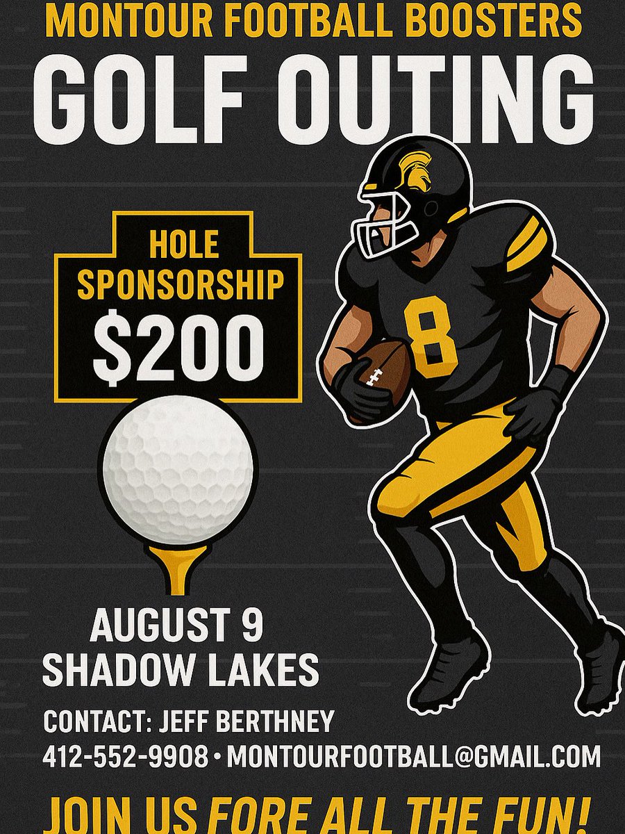 Montour Football (@montourfootball) on Twitter photo πβ³οΈποΈJoin us FORE all the FUN!
β³οΈ Saturday, August 9, 2025 @ Shadow Lakes
β³οΈContact Jeff directly is you would like to sponsor your business at a hole!
GOLF REGISTRATION - DUE BY JULY 31
registration.teamsnap.com/form/22532
Checks, Credit Card and Venmo accepted!
ππ€ππ πβ³οΈποΈJoin us FORE all the FUN!
β³οΈ Saturday, August 9, 2025 @ Shadow Lakes
β³οΈContact Jeff directly is you would like to sponsor your business at a hole!
GOLF REGISTRATION - DUE BY JULY 31
registration.teamsnap.com/form/22532
Checks, Credit Card and Venmo accepted!
ππ€ππ