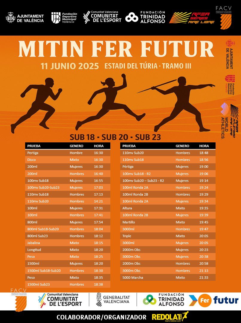El miercoles 11 de junio, teneis una cita con el ATLETISMO del FUTUR! <a href="/FTA_CV/">Fun.Trinidad Alfonso</a> <a href="/atletismeFACV/">FACV</a> y <a href="/RedolatTeam/">Redolat Team</a> se lanzan a organizar el MITIN FER FUTUR!
•
Únete y ven a pasar la tarde con las estrellas futuro.