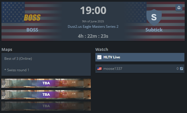 Drop whatever you're doing tonight because the new Boss lineup debuts in <a href="/dust2us/">Dust2.us</a> <a href="/inuigaming/">INUI</a> Eagle Master Series #2
🔗twitch.tv/moose13377